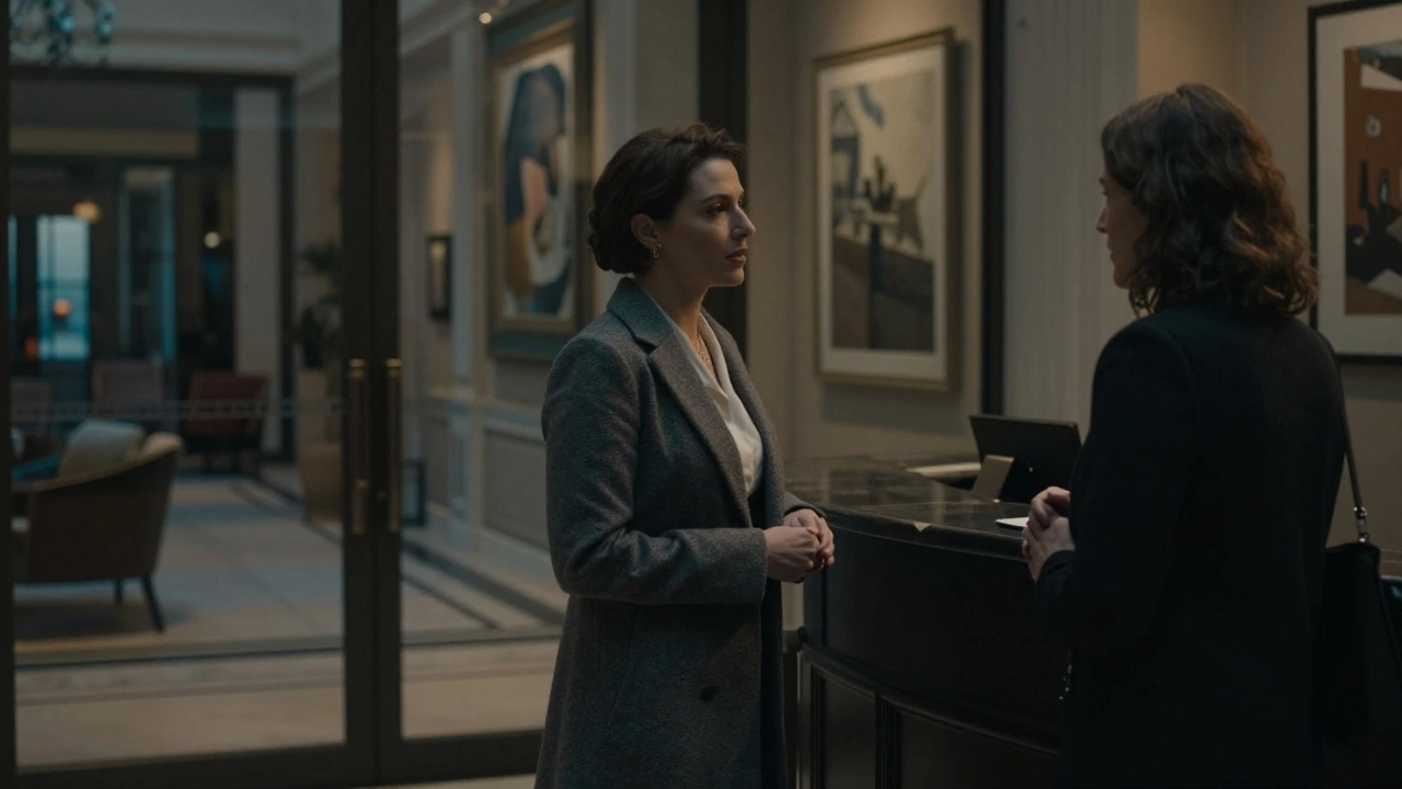 A professional woman speaking discreetly with a hotel concierge in Toulon.