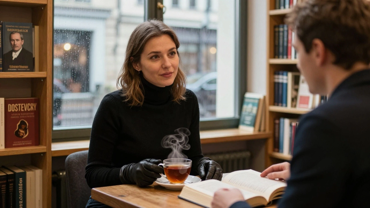 A Russian professional engages in deep conversation with a client at a cozy bookstore café, books and tea between them.