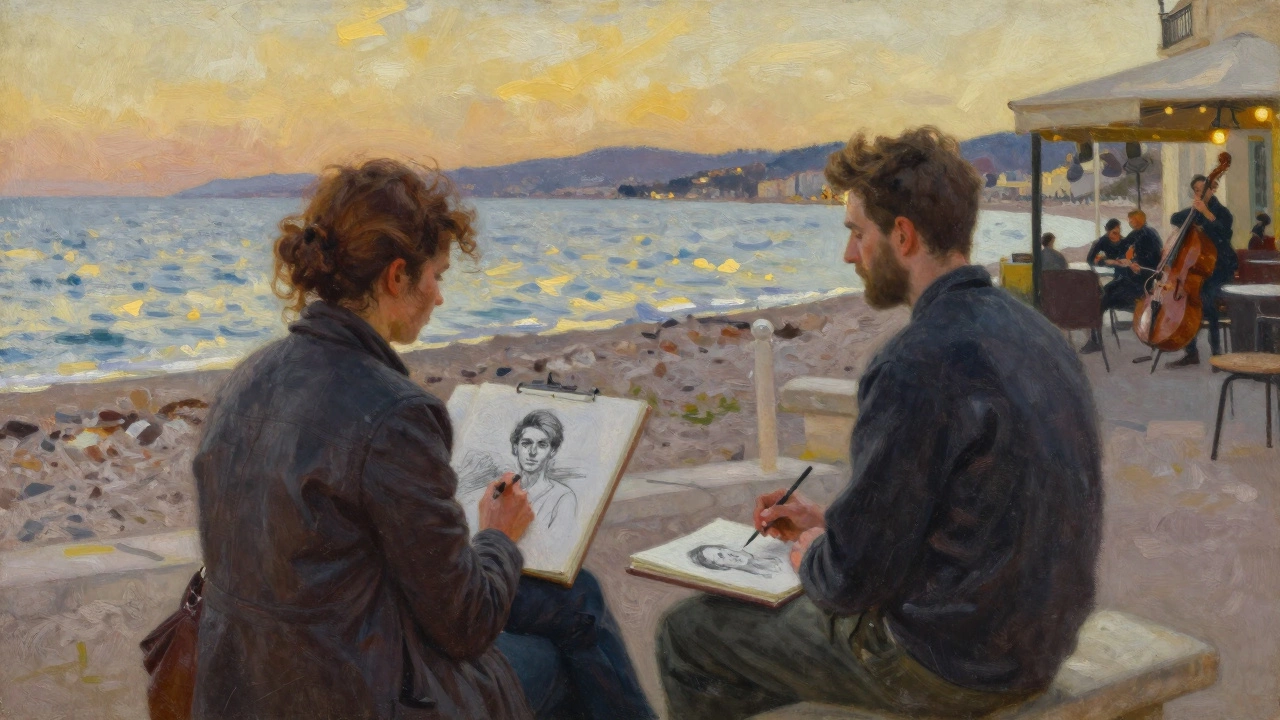 A woman sketching a man on a beach terrace at sunset in Toulon.