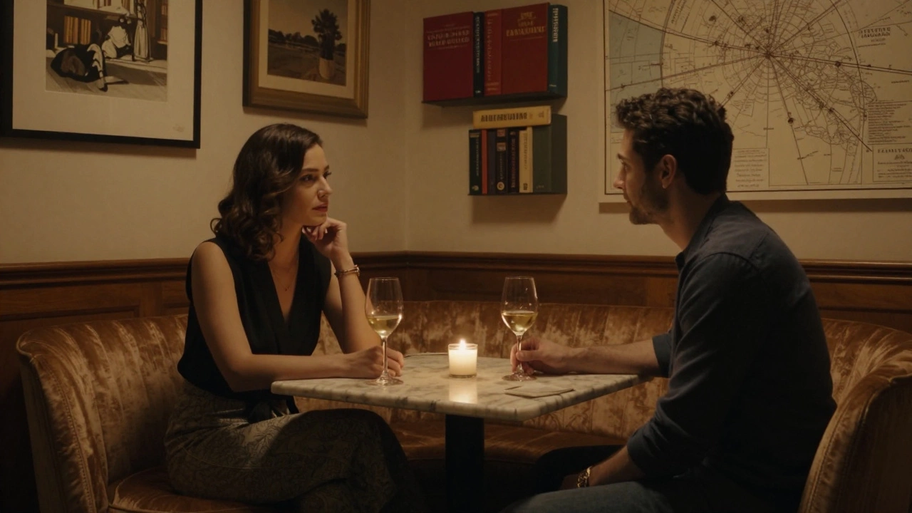 Two people share a quiet moment in a cozy villa lounge, candlelight reflecting off wine glasses.